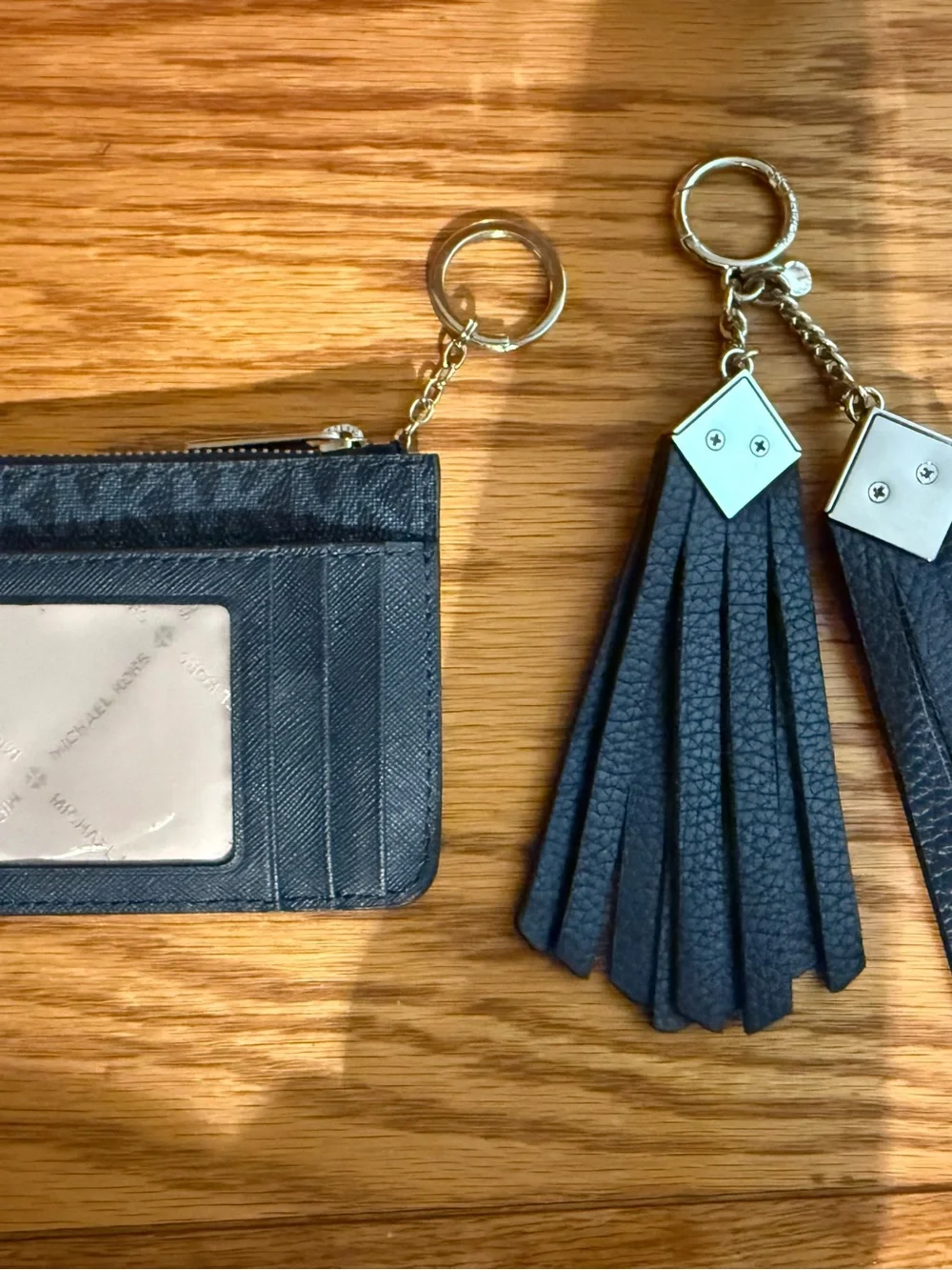 Michael Kors Navy Monogram Card Holder with silver tone purse charm